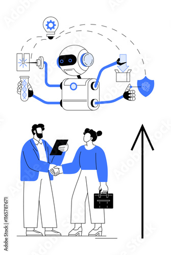 Wallpaper Mural Robot juggling various tasks including chemistry, automation, and security above businesspeople shaking hands. Ideal for technology, AI integration, business cooperation, innovation, growth Torontodigital.ca