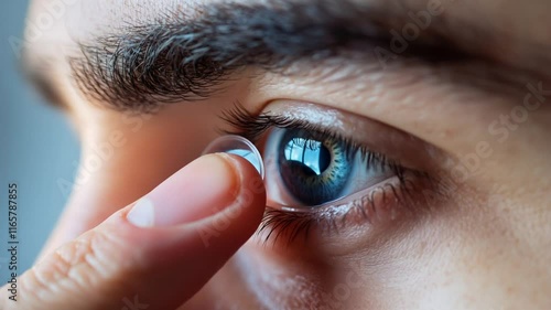 Precise moment of inserting soft contact lens into blue eye, showcasing careful vision correction and personal healthcare routine
