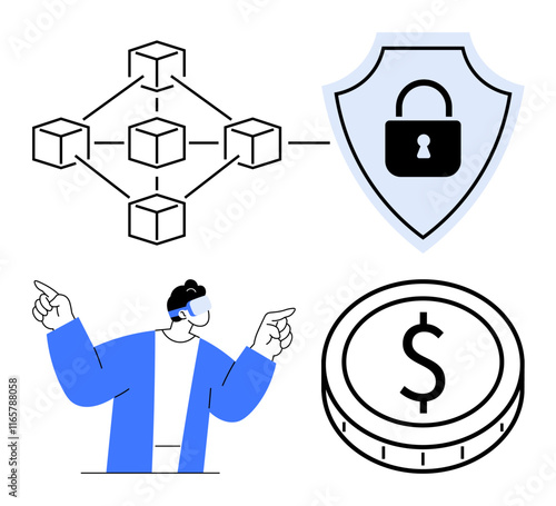 Blockchain network, shield with lock, virtual reality user, cryptocurrency coin. Ideal for blockchain, data security, cryptocurrency, virtual environments, fintech decentralized systems abstract