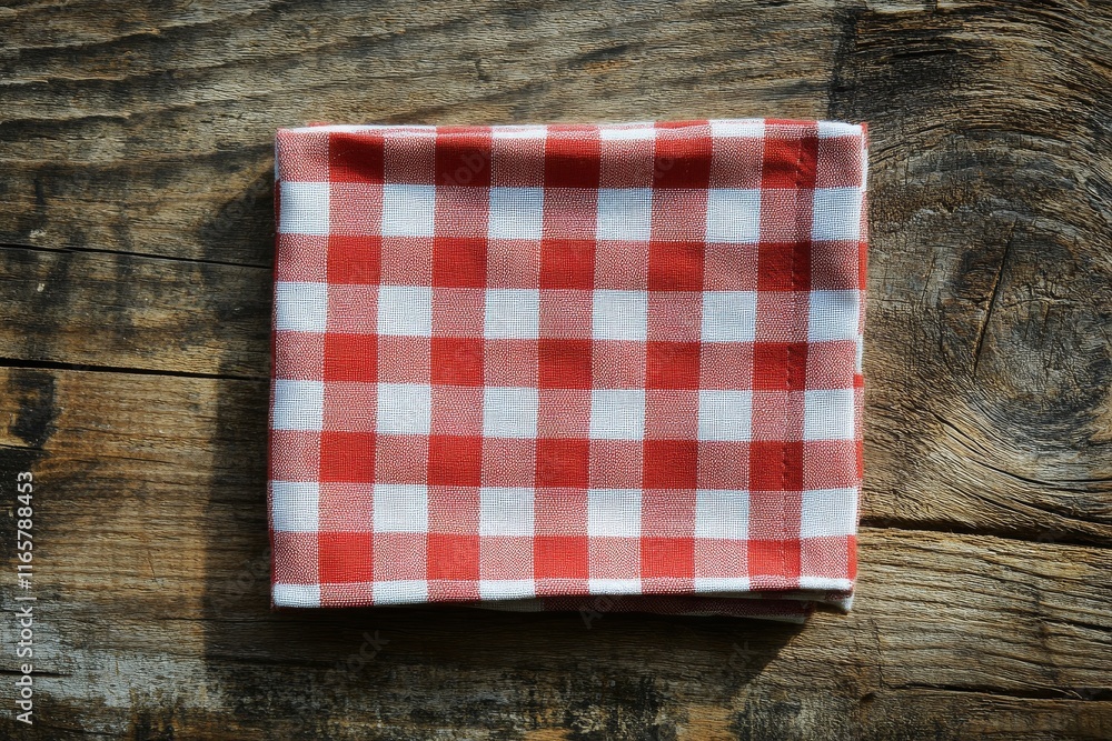 Obraz premium Red and white checked napkin folded on rustic wooden table