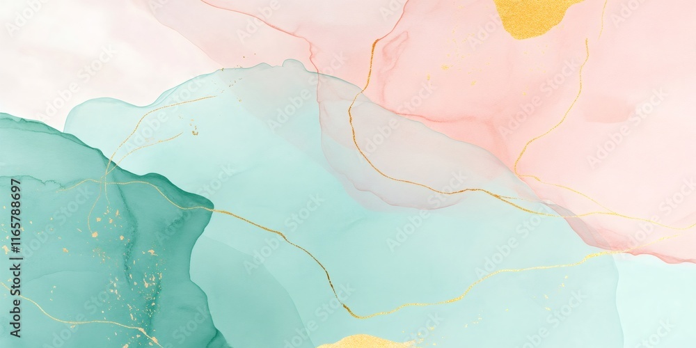 Fototapeta premium Pastel fluid art with golden lines blending soft mint, pale pink, and luxurious gold tones into mesmerizing abstract painting background
