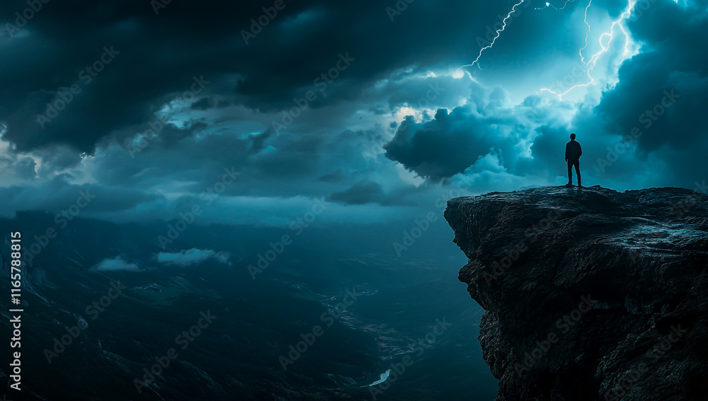 Fototapeta premium A man standing on the edge of an abyss with dark clouds and lightning in the sky above him.