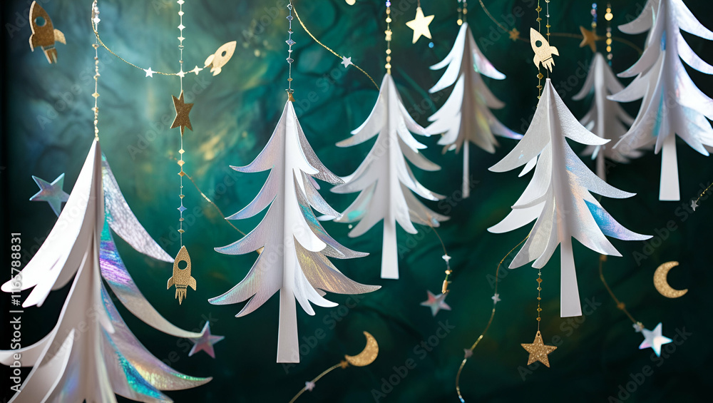 A festive garland of paper trees and stars against a dark green background, adorned with sparkling gold decorations for a touch of elegance. A festive garland of paper trees and stars against a dark green background, adorned with sparkling gold decorations for a touch of elegance.