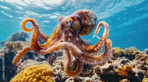 A curious octopus propelling itself through the water, its tentacles swirling gracefully as vibrant coral reefs fill the background.  photo