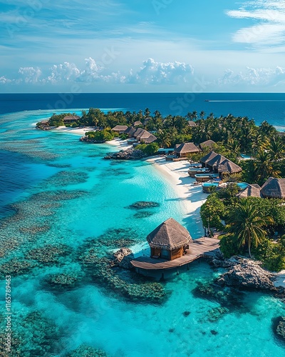 Tropical island resort in the Maldives from above, with dazzling overwater villas, crystalclear waters, and palmlined beaches on a sunny day photo