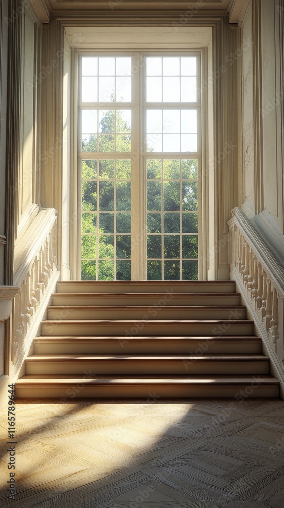 Fototapeta premium Bright and modern interior showcasing staircase and scenic mountain view in daytime