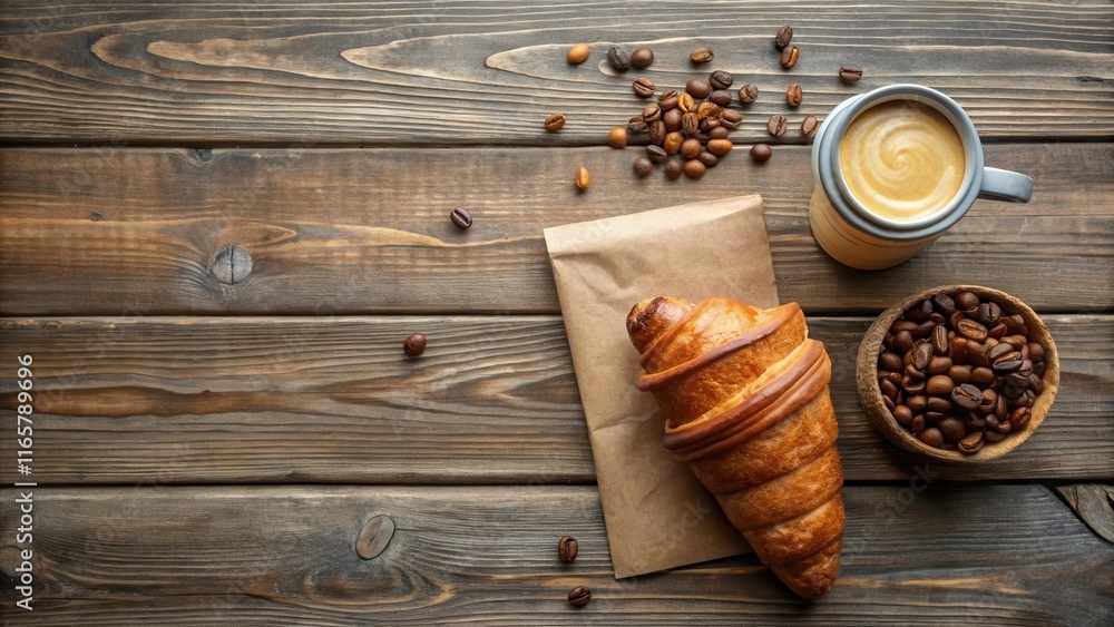 Aromatic coffee with a flaky croissant and scattered coffee beans on a rustic wooden surface. Aromatic coffee with a flaky croissant and scattered coffee beans on a rustic wooden surface.