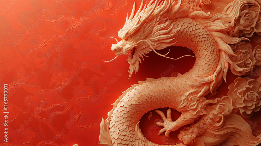 Obraz premium Dragon Sculpture on Red: A majestic dragon sculpture, crafted with intricate detail, takes center stage against a vibrant red backdrop, embodying power and ancient wisdom. 