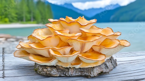 Golden Oyster Mushrooms on Wood  Lake and Mountain Background photo