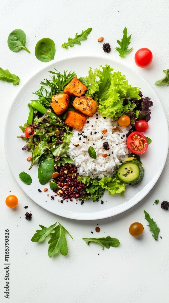A Vibrant and Healthy Meal Featuring Delicious Rice, Vegetables, and Protein. This Colorful Plate of Food is Perfect for a Healthy and Balanced Diet. A Perfect Choice for Lunch or Dinner. A Vibrant and Healthy Meal Featuring Delicious Rice, Vegetables, and Protein. This Colorful Plate of Food is Perfect for a Healthy and Balanced Diet. A Perfect Choice for Lunch or Dinner.