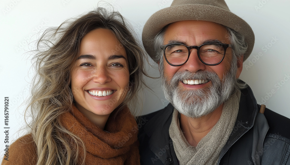 Smiling Couple Portrait: A heartwarming image of a happy mature man and young woman, showcasing genuine smiles and connection.  Their joyful expressions create a sense of warmth and family bond.