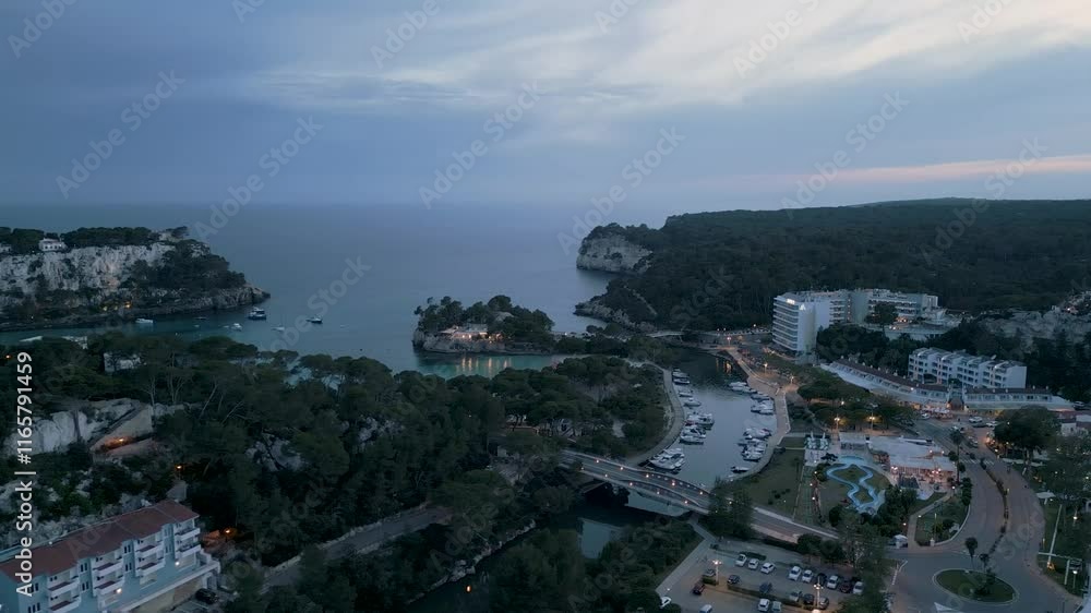Aerial view of Cala Galdana by night in Minorca, Balearic Islands Aerial view of Cala Galdana by night in Minorca, Balearic Islands