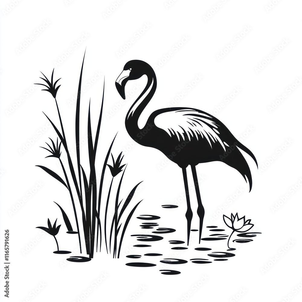 Fototapeta premium Flamingo standing in water with aquatic plants
