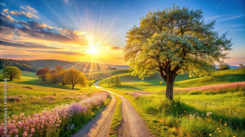 Naklejka premium A Winding Country Road Leading Through Lush Green Fields Towards a Golden Sunset with Rays of Sunlight Shining Through the Clouds
