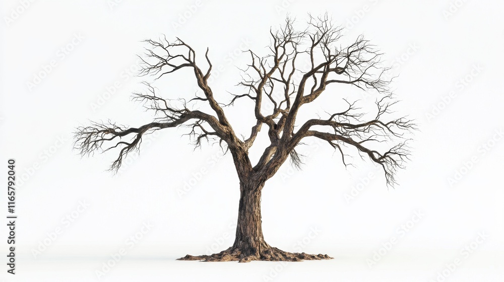 Fototapeta premium A withered tree with dry, brittle branches, standing alone on a white background, its leaves long gone and bark cracked.