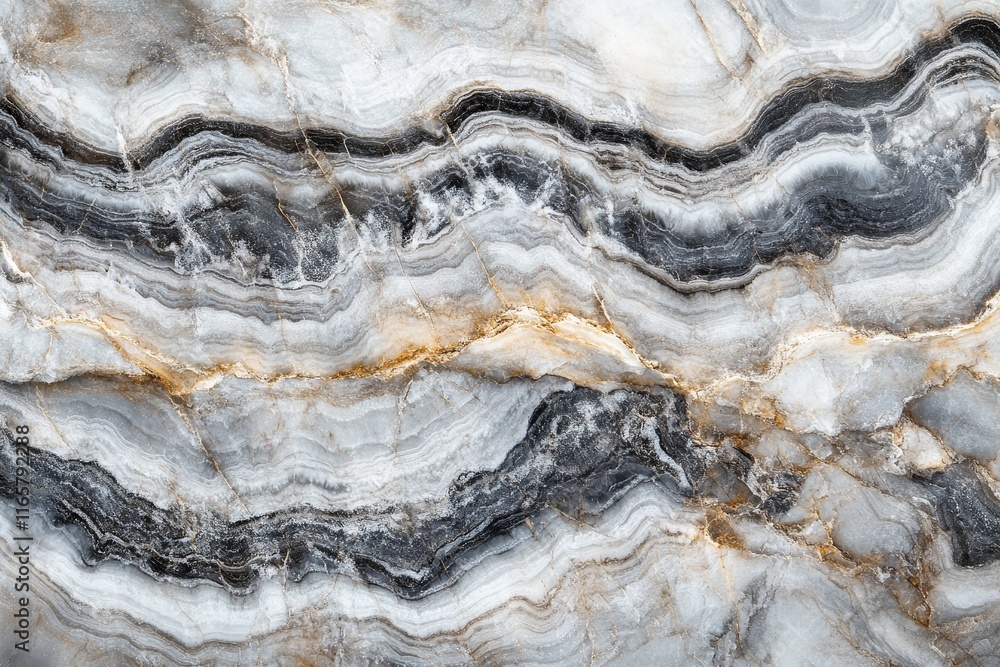 Close-up of wavy grey, white, and gold marble texture. Close-up of wavy grey, white, and gold marble texture.
