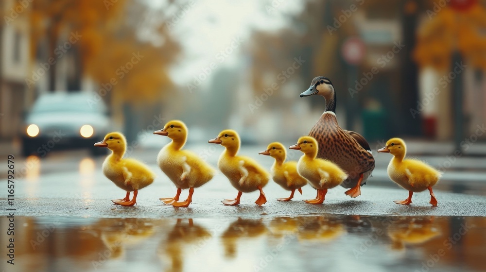 Fototapeta premium Cute ducklings walking in a row, crossing a road in a city behind their mother