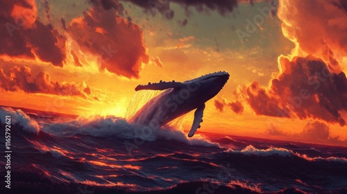 Close up of an Humpback whale breaching out of the ocean at sunset, whale jump photo