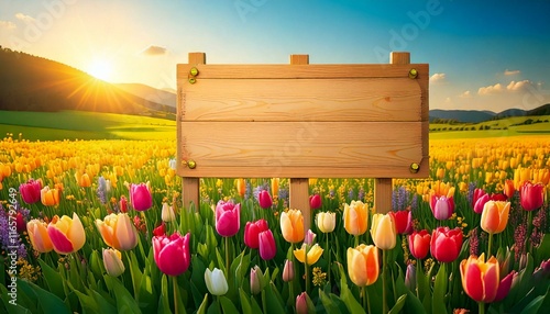 Drewniana na tablica pośród tulipanów. Wiosenne tło z miejscem na tekst © Monika