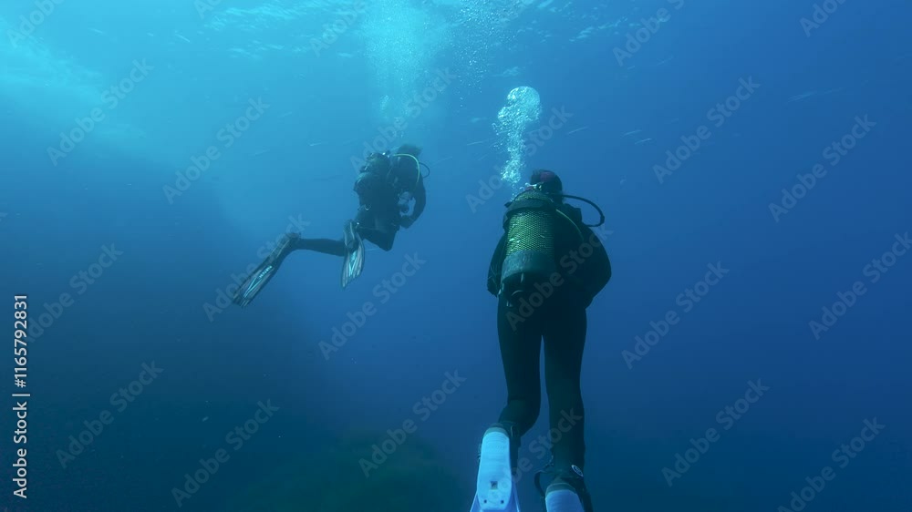 Scuba diving in the underwater caves of Menorca, Balearic Islands