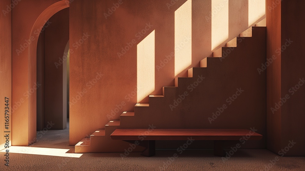 Fototapeta premium Minimalist Room with Bench and Stairs in Light Crimson and Light Bronze Tones. Charming Character Illustrations and Earthy Organic Shapes Shown. Precise Detailing in Ultra Detailed Photorealistic 16K
