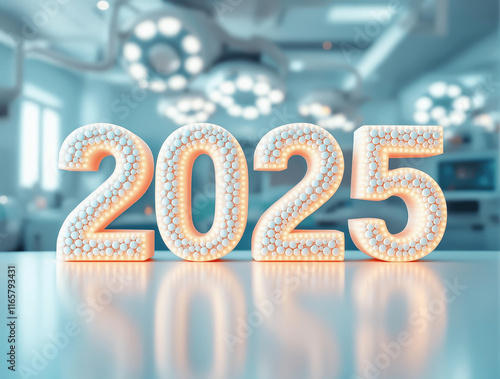 New Year 2025 Background with '2025' Formed from Tablets in an Operating Room Setting photo