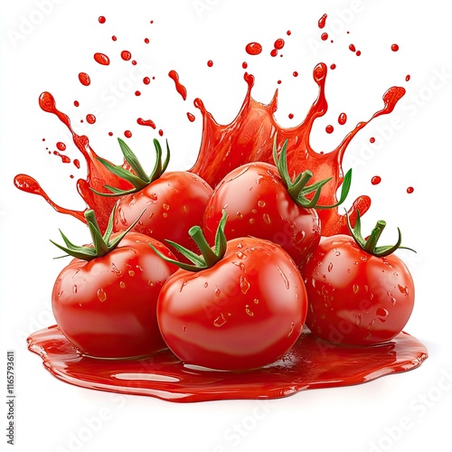 Set of fresh tomatoes splashing in delicious ketchup, cut out