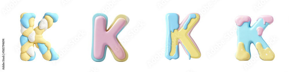 Colorful, stylized letters 'K' arranged in a row, showcasing a playful, vibrant design with soft pastel hues. Colorful, stylized letters 'K' arranged in a row, showcasing a playful, vibrant design with soft pastel hues.