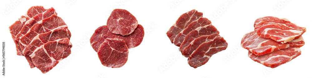 Various cuts of raw beef showcasing marbling and texture. Various cuts of raw beef showcasing marbling and texture.