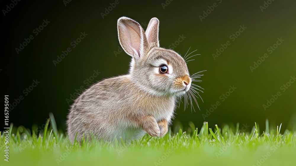 Fototapeta premium A cute rabbit hopping on green grass in a natural setting.