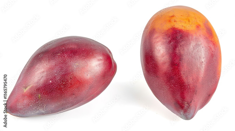 Fototapeta premium Mango with clear details and full depth of field standing alone on pure white background. Beautiful mango shape and texture shown brightly, appealing fruit display for various uses.