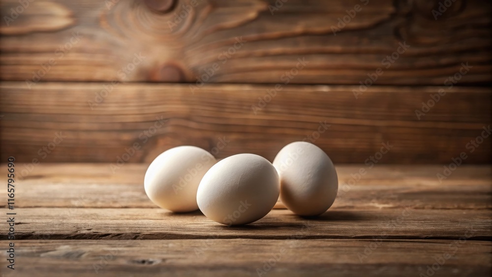 Three white eggs rest on a rustic wooden surface, bathed in warm light. The soft texture of the eggs contrasts with the rugged wood, creating a simple yet evocative scene. Three white eggs rest on a rustic wooden surface, bathed in warm light. The soft texture of the eggs contrasts with the rugged wood, creating a simple yet evocative scene.