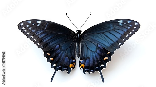 a black swallowtail butterfly with a blue hue, its wings spread open. 