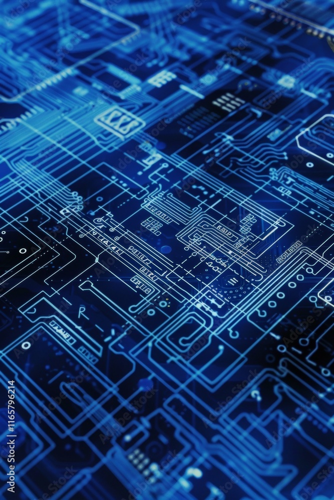 Blueprint close-up of a server blade, emphasizing individual processors, memory modules, and intricate circuit board traces Blueprint close-up of a server blade, emphasizing individual processors, memory modules, and intricate circuit board traces