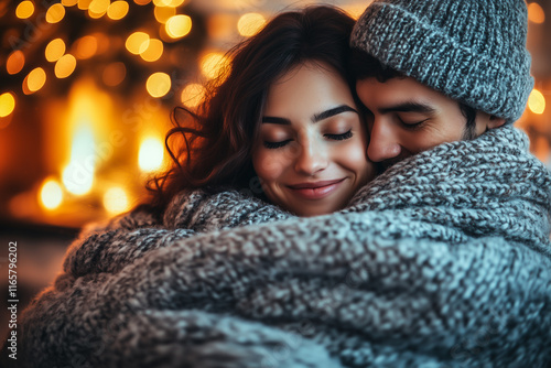 A loving couple hugging in a cozy living room with a fireplace, soft lighting and warm decor, celebrating International Hug Day. photo