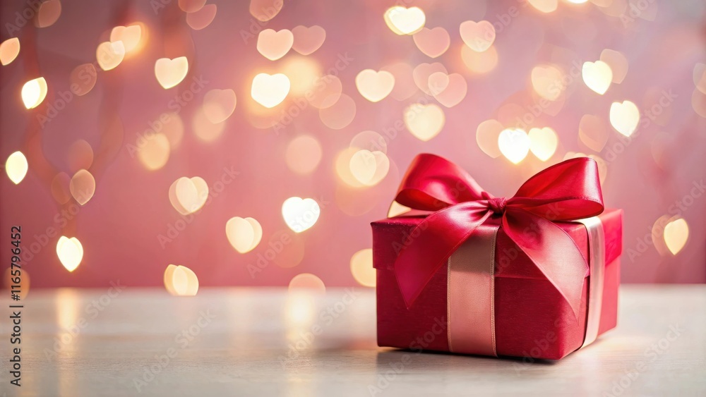A red gift box with a bow sits on a table with a romantic heart-shaped bokeh background. A red gift box with a bow sits on a table with a romantic heart-shaped bokeh background.