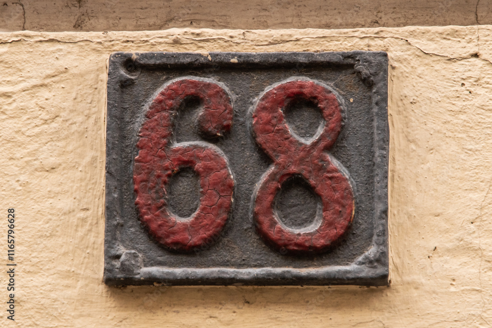 Old retro weathered cast iron plate with number 68 Old retro weathered cast iron plate with number 68