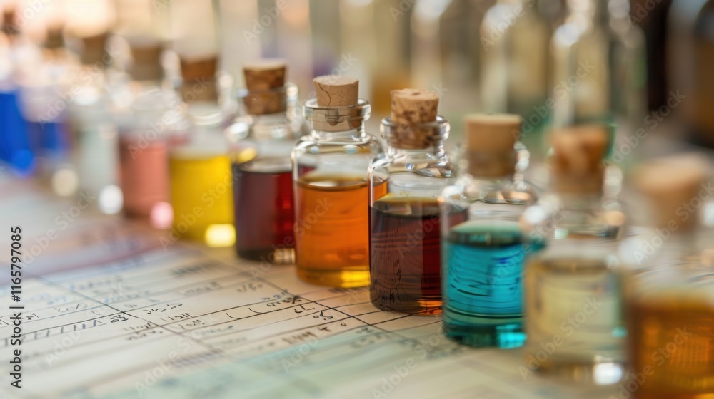Close-up of an essential oil blending chart, with colorful vials and handwritten notes Close-up of an essential oil blending chart, with colorful vials and handwritten notes
