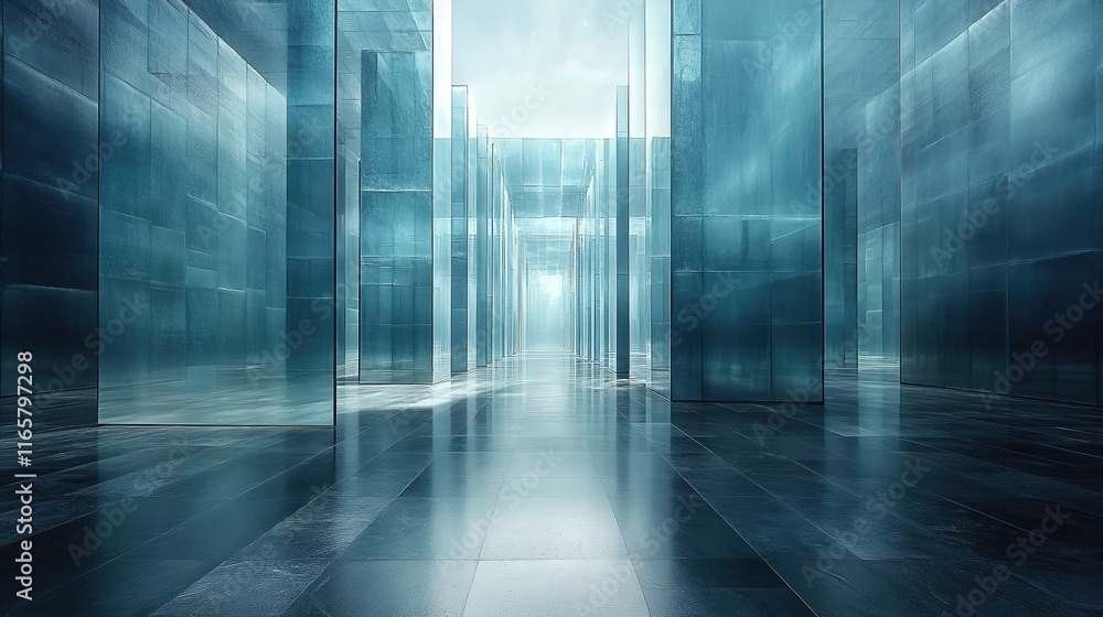 Futuristic glass corridor with reflective surfaces and abstract architecture Futuristic glass corridor with reflective surfaces and abstract architecture