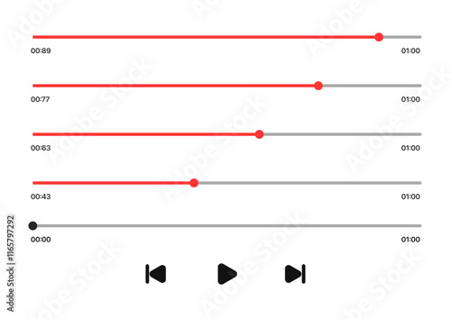 Audio or video player progress loading bars with time slider, play and pause, rewind and fast forward buttons. Templates of media player playback panel interface.