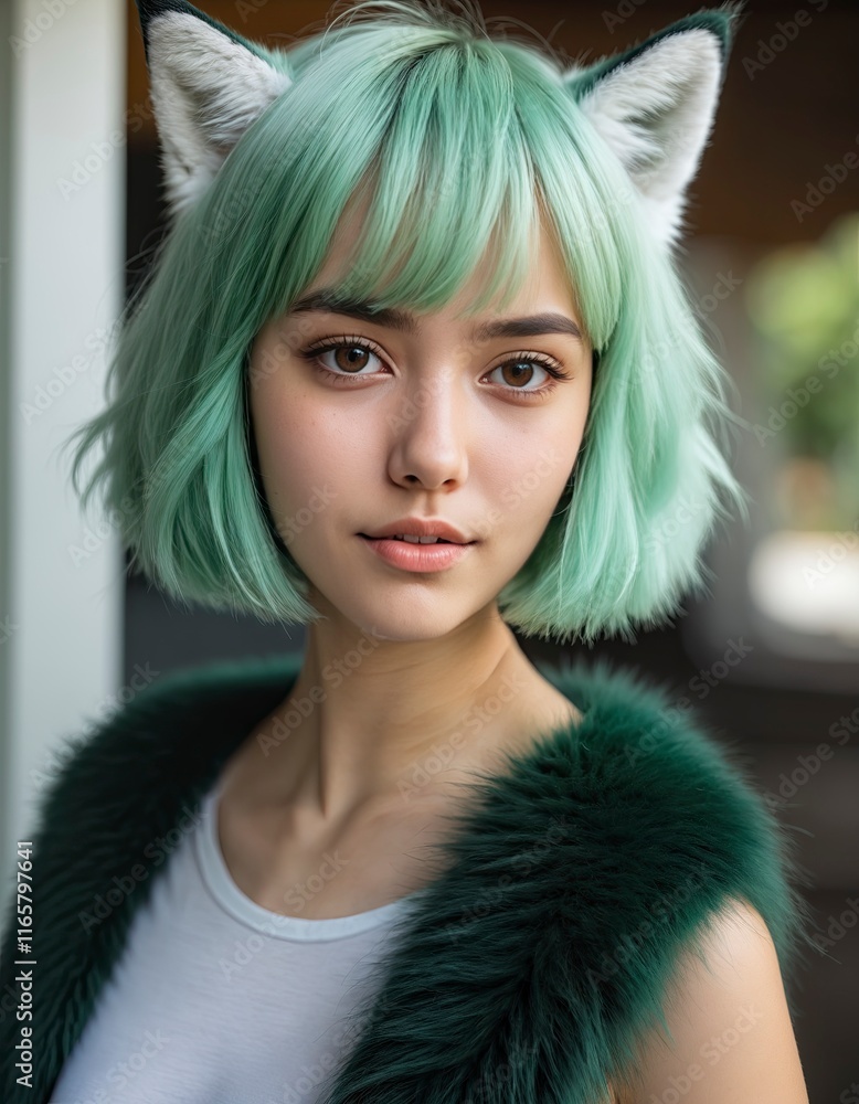 girl portrait with green hair and foxy ear girl portrait with green hair and foxy ear