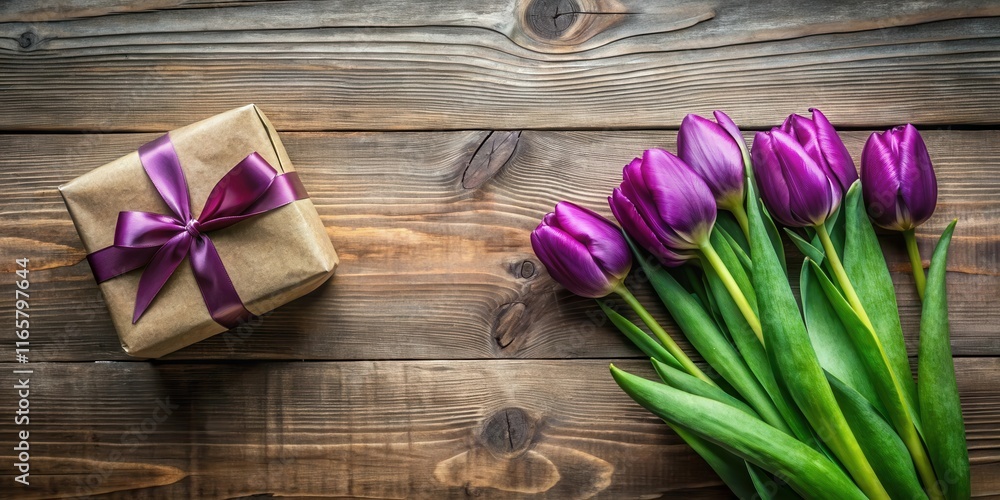 A gift wrapped in brown paper with a purple ribbon sits next to a bouquet of purple tulips on a rustic wooden surface. A gift wrapped in brown paper with a purple ribbon sits next to a bouquet of purple tulips on a rustic wooden surface.