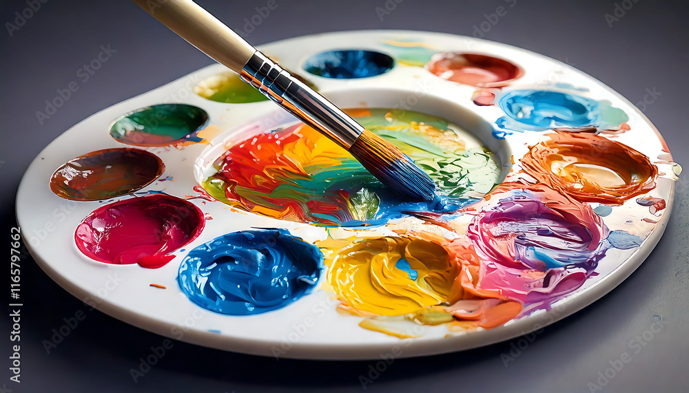 Vibrant close-up of a paintbrush mixing colorful acrylics on an artist's palette. Perfect for projects related to art, creativity, painting, and design. Ideal for websites, blogs, or advertisements Vibrant close-up of a paintbrush mixing colorful acrylics on an artist's palette. Perfect for projects related to art, creativity, painting, and design. Ideal for websites, blogs, or advertisements