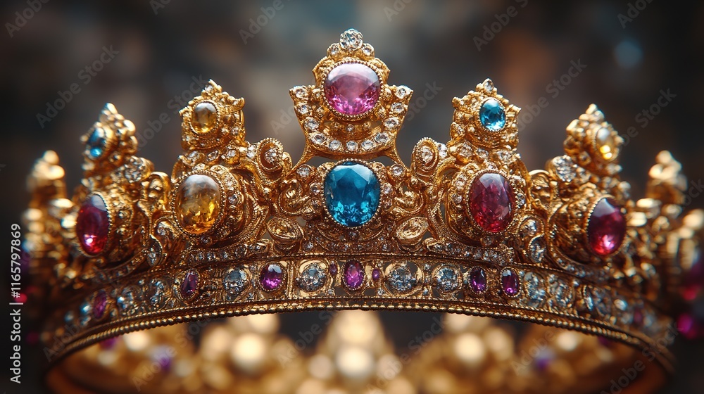 Elegant gold and gem-encrusted crown with diamonds and rubies Elegant gold and gem-encrusted crown with diamonds and rubies