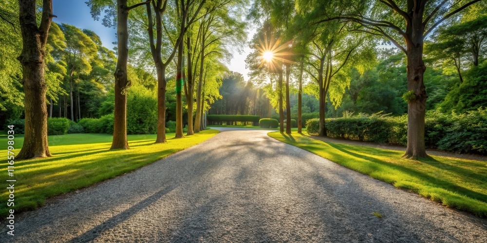 Fototapeta premium A sunlit pathway through a verdant landscape, leading to a hidden destination, with tall trees framing the scene, casting long shadows on the gravel surface