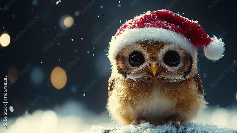 Cute Baby Owl Wearing Santa Hat in a Winter Wonderland Scene with Snowflakes and a Magical Glow Creating a Joyful Holiday Atmosphere Cute Baby Owl Wearing Santa Hat in a Winter Wonderland Scene with Snowflakes and a Magical Glow Creating a Joyful Holiday Atmosphere