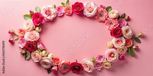A Delicate Floral Arrangement of Pink and Red Roses with Buds Forming a Circular Frame on a Pastel Pink Background