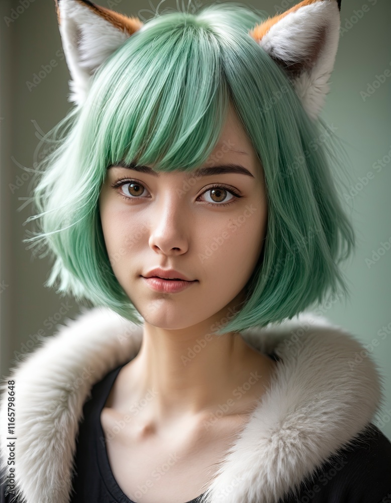 girl portrait with green hair and foxy ear girl portrait with green hair and foxy ear