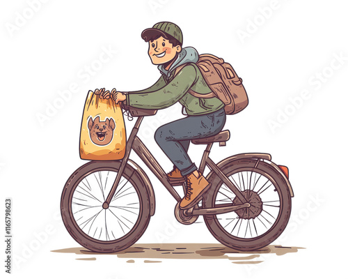 Wallpaper Mural A cheerful person riding a bicycle with a backpack and a bag on the handlebars. Torontodigital.ca