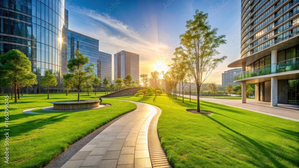 A winding pathway through a serene green park, surrounded by modern skyscrapers, bathed in the golden light of a setting sun. A winding pathway through a serene green park, surrounded by modern skyscrapers, bathed in the golden light of a setting sun.